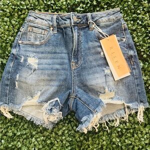 Risen Denim Blue Distressed Jean Shorts with Raw-Edge Hem